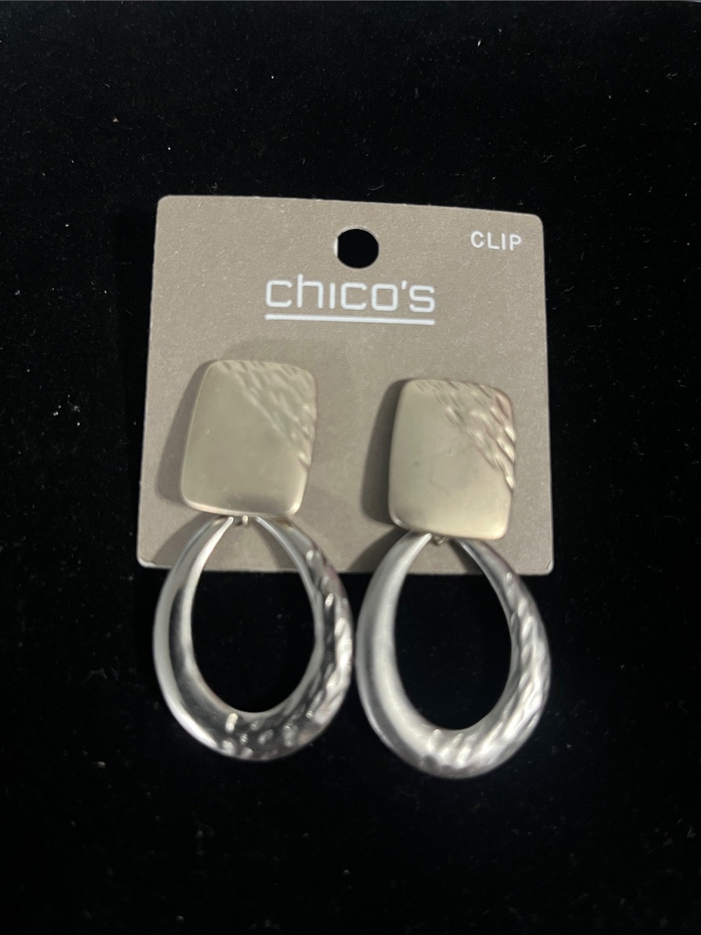 Chico's Silver-Tone Hammered Clip-On Hoop Drop Earrings